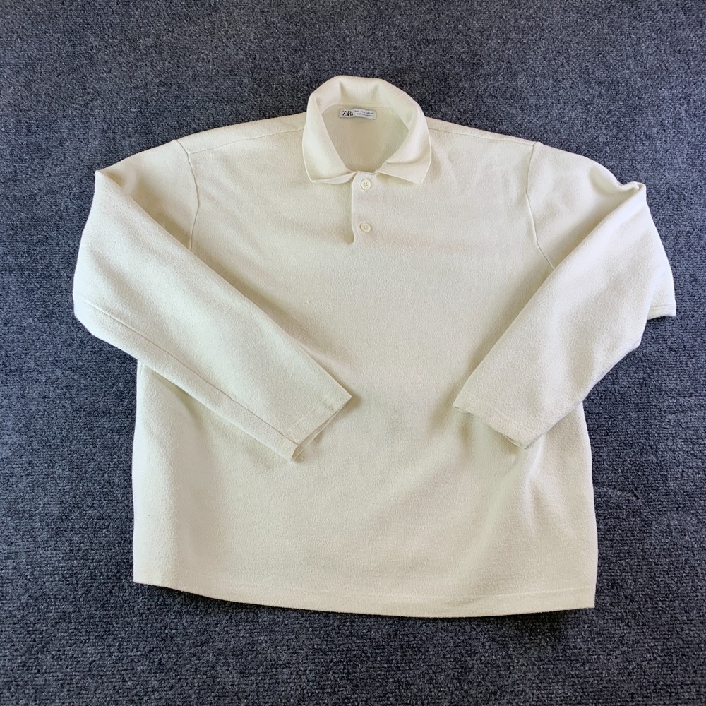 Zara Polo Shirt Mens Large Cream Knit Viscose Long Sleeve Pullover Golf Casual